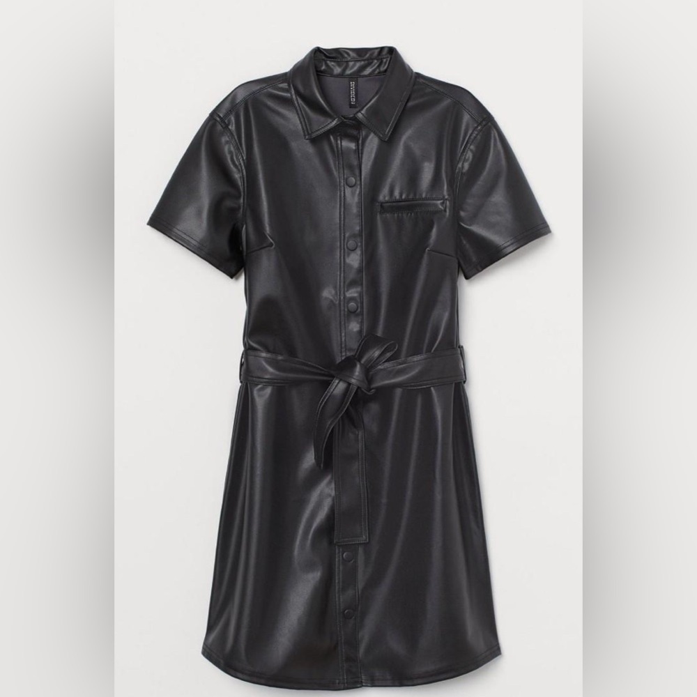 DIVIDED BY H&M FAUX BLACK LEATHER SHIRT DRESS WITH BELT SIZE M NWOT